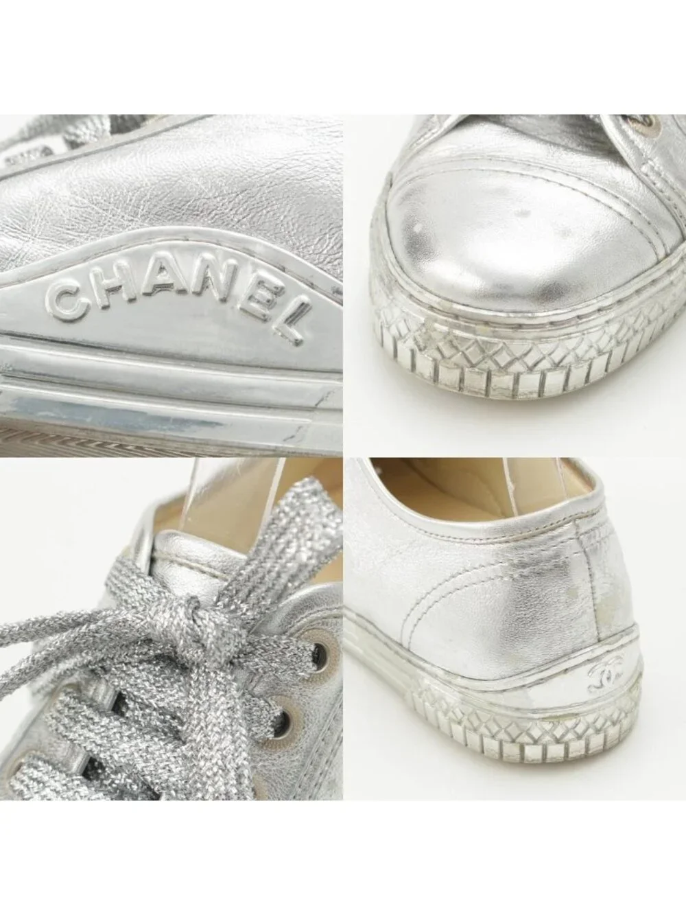 Chanel Leather Low-Top Sneakers Silver